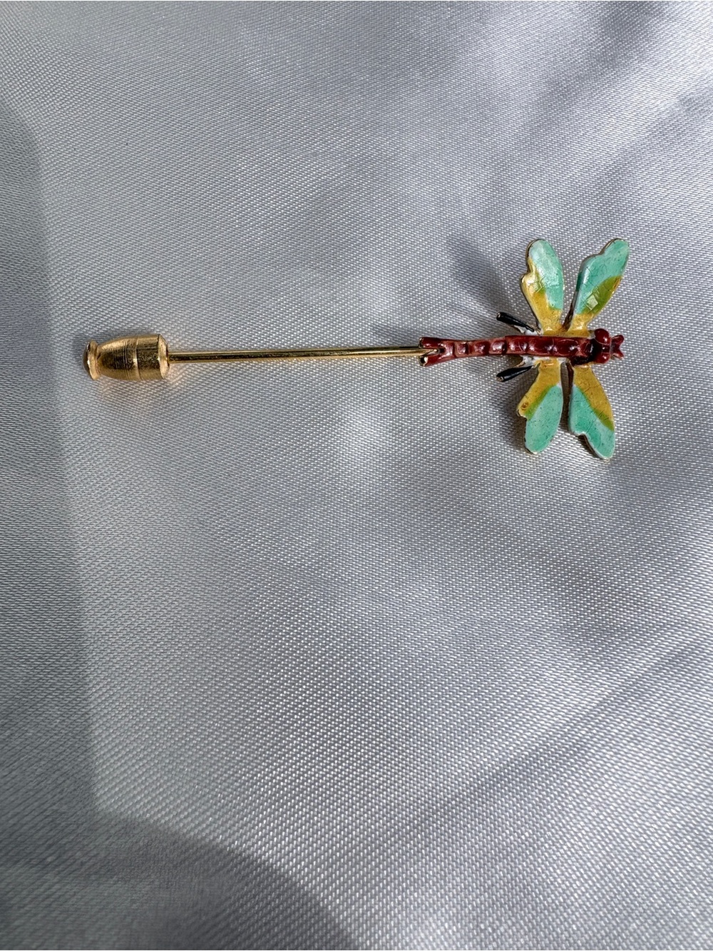 Vintage Dragonfly Stick Pin Brooch Enamel Gold Tone Green Yellow